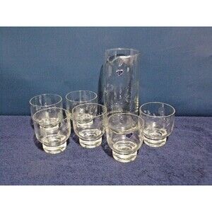 Vintage Glass 1970s Javit Crystal Etched Glass Martini Pitcher w/6 Glasses